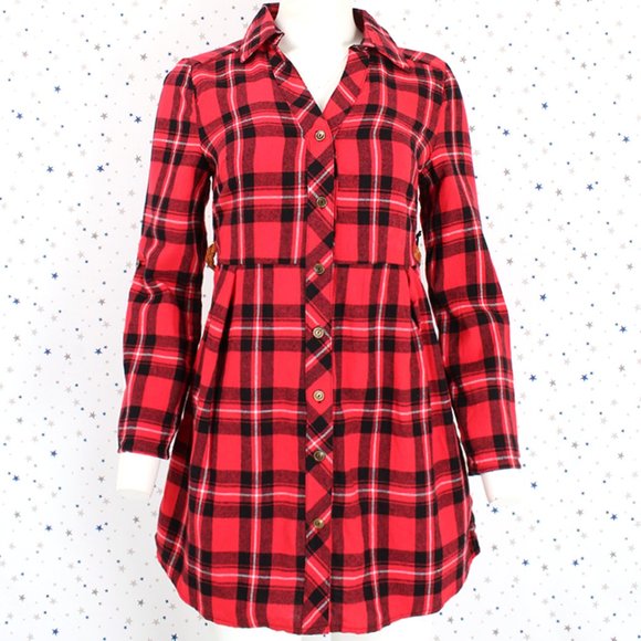 Plaid Button Up Shirt Dress with Belt Red Black - Picture 2 of 9